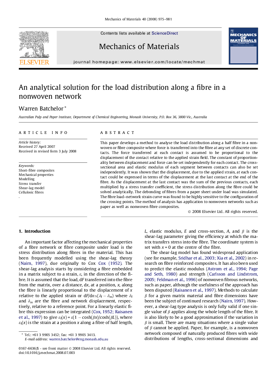 An analytical solution for the load distribution along a fibre in a nonwoven network