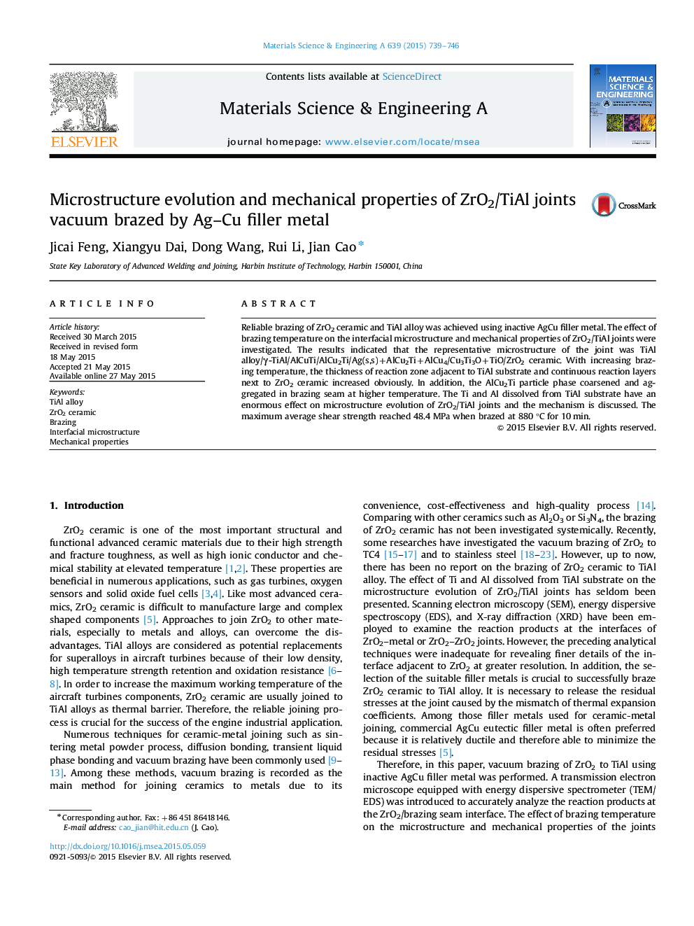 Microstructure evolution and mechanical properties of ZrO2/TiAl joints vacuum brazed by Ag-Cu filler metal