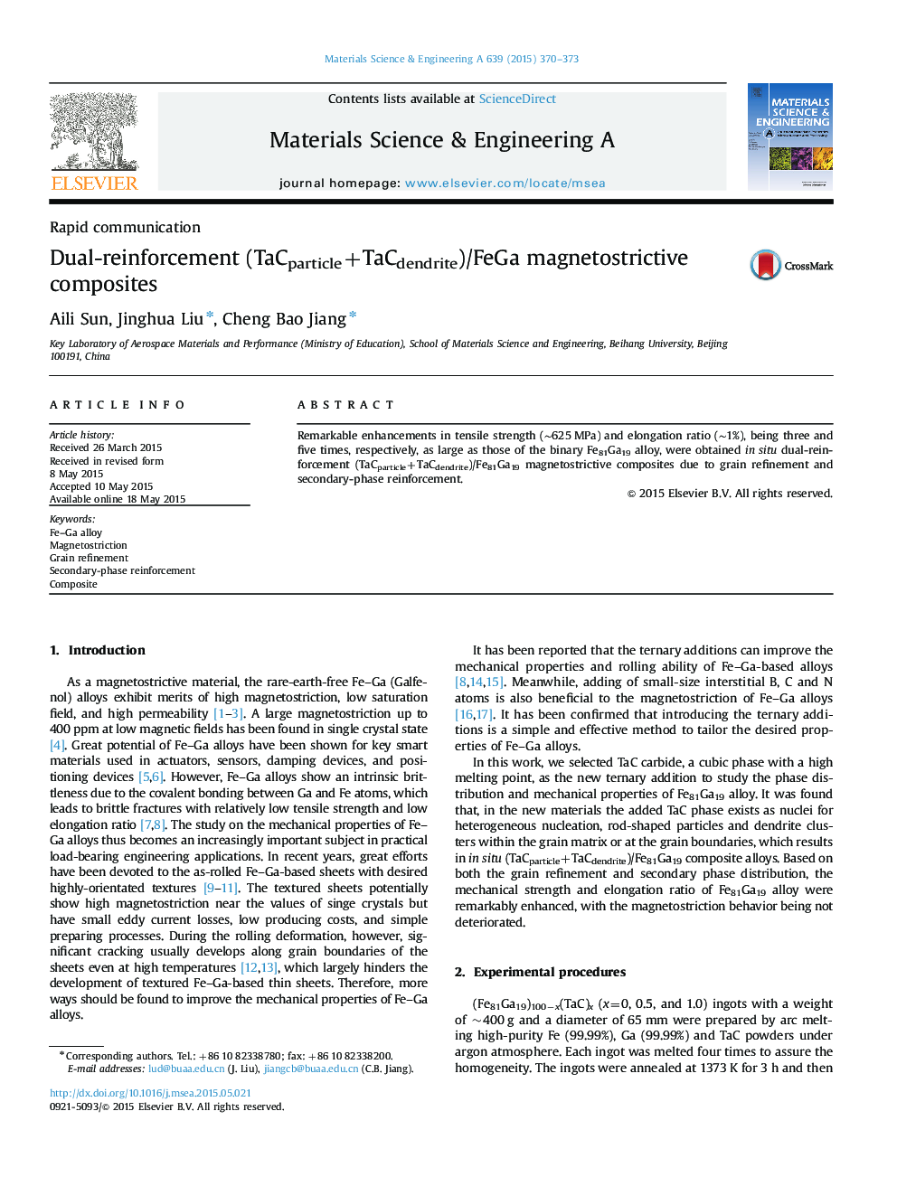 Dual-reinforcement (TaCparticle+TaCdendrite)/FeGa magnetostrictive composites