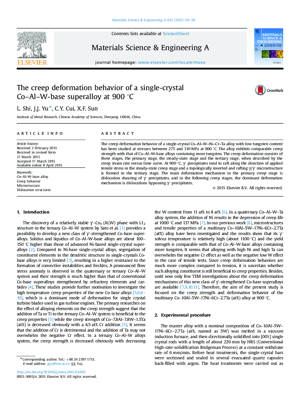 The creep deformation behavior of a single-crystal Co-Al-W-base superalloy at 900Â Â°C