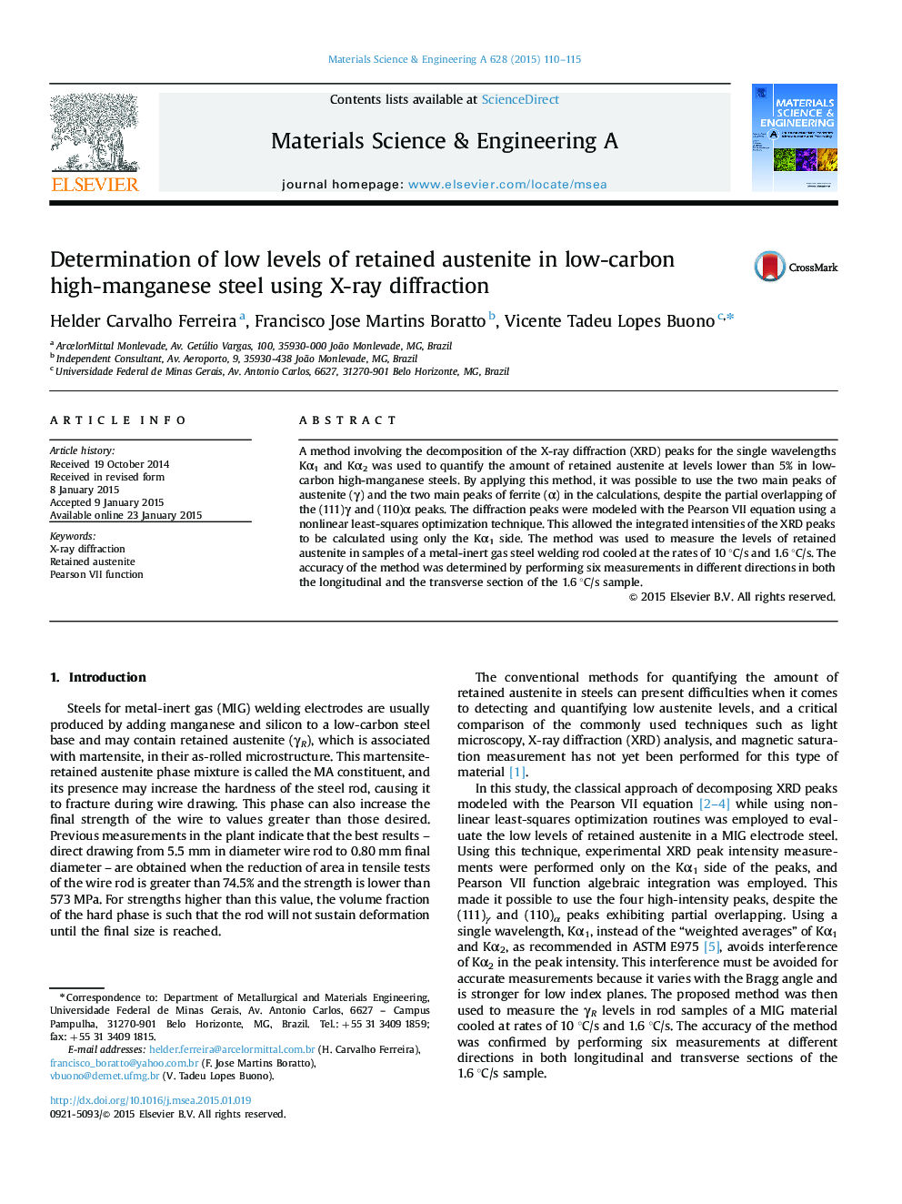 Determination of low levels of retained austenite in low-carbon high-manganese steel using X-ray diffraction