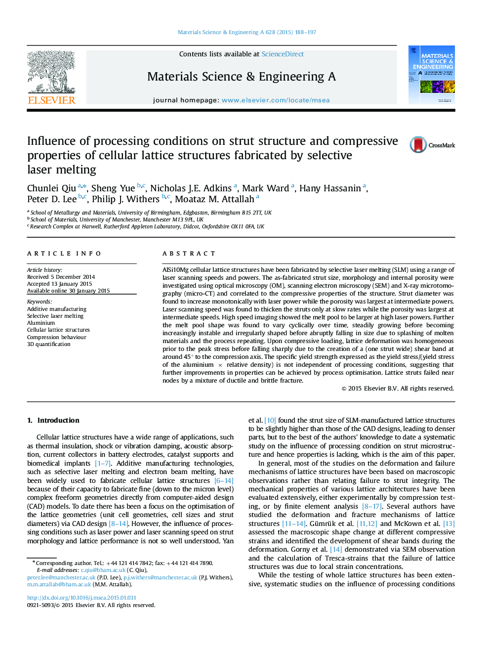 Influence of processing conditions on strut structure and compressive properties of cellular lattice structures fabricated by selective laser melting