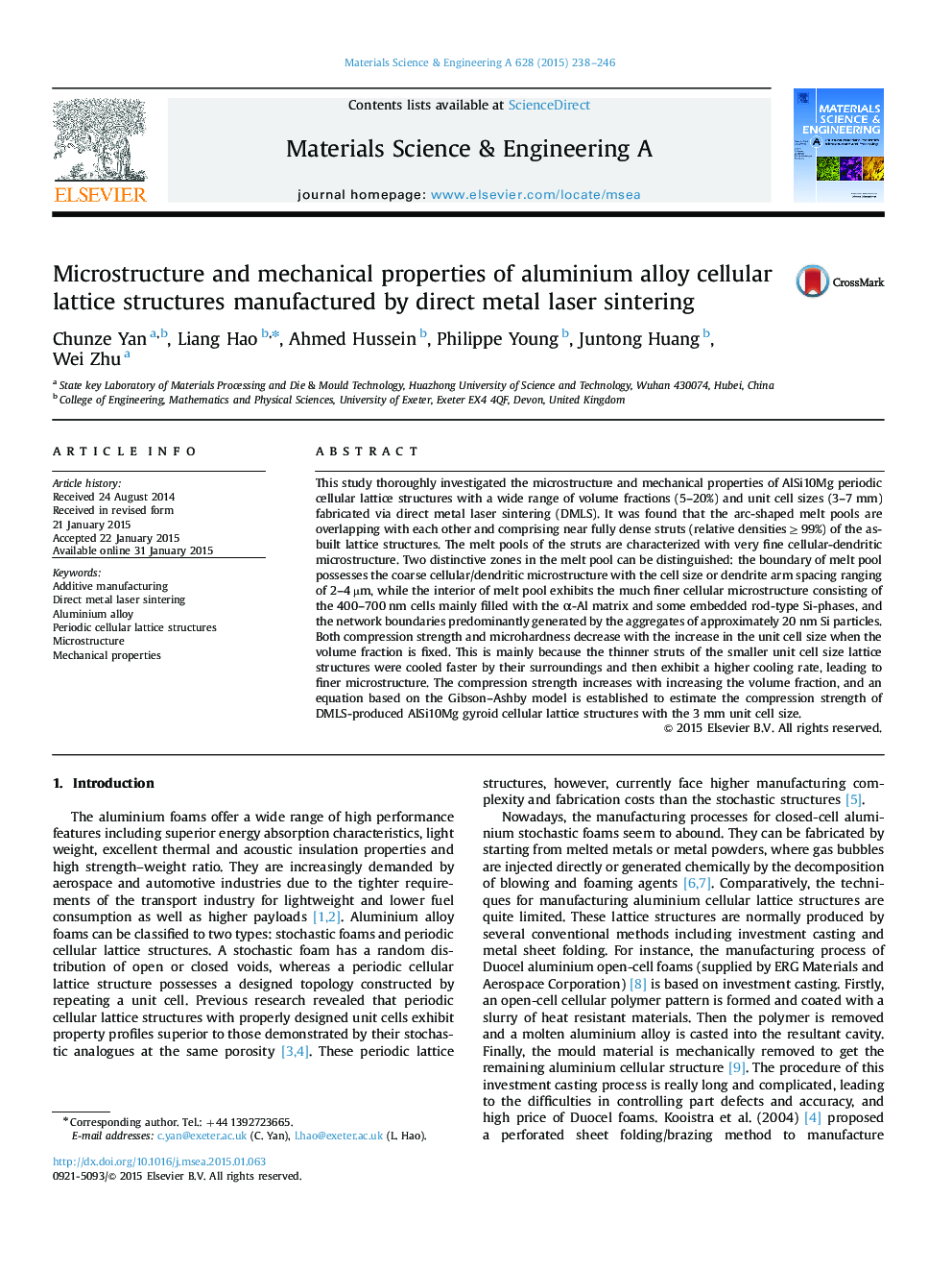 Microstructure and mechanical properties of aluminium alloy cellular lattice structures manufactured by direct metal laser sintering