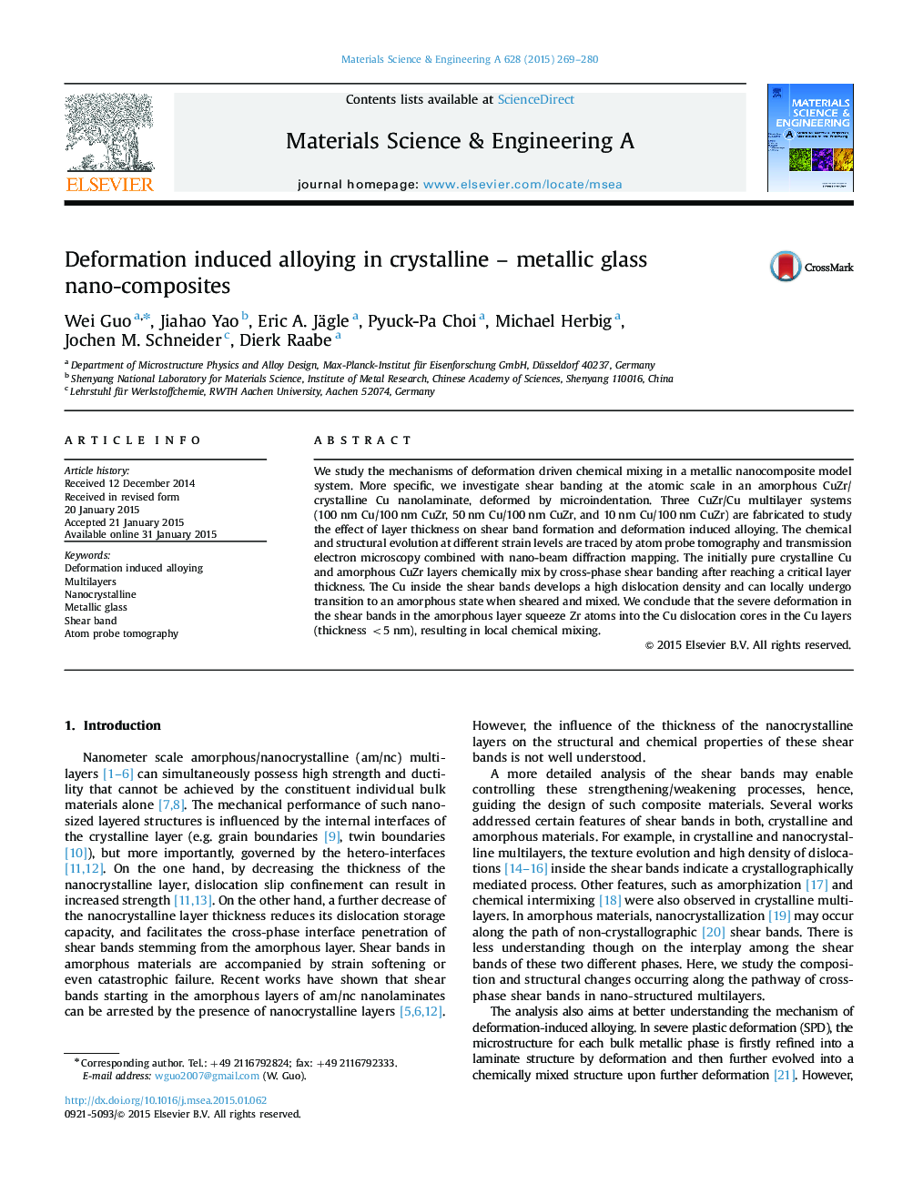 Deformation induced alloying in crystalline - metallic glass nano-composites