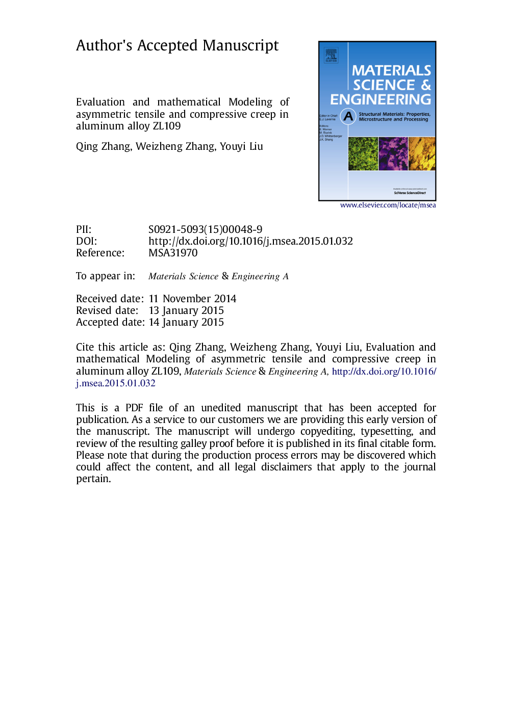 Evaluation and mathematical modeling of asymmetric tensile and compressive creep in aluminum alloy ZL109