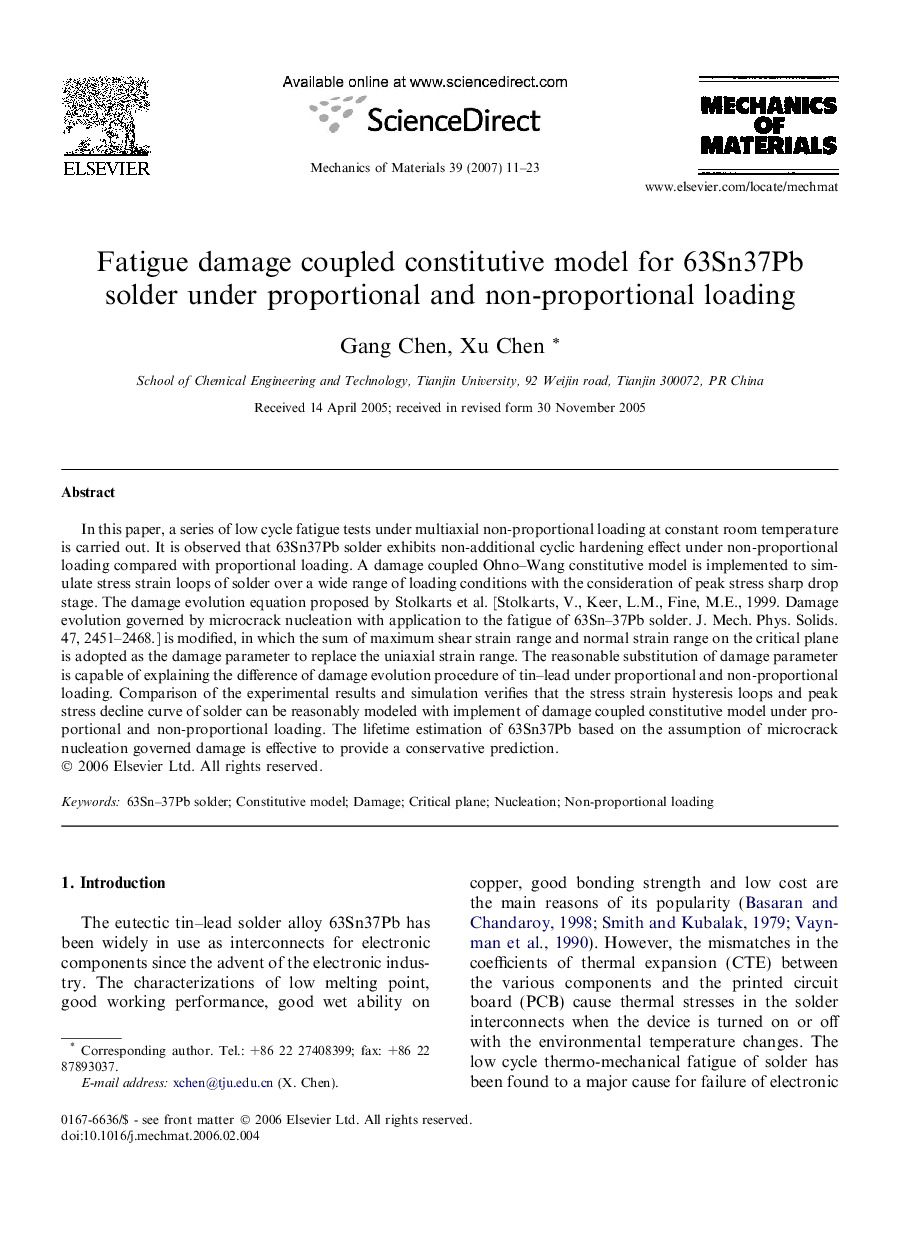 Fatigue damage coupled constitutive model for 63Sn37Pb solder under proportional and non-proportional loading