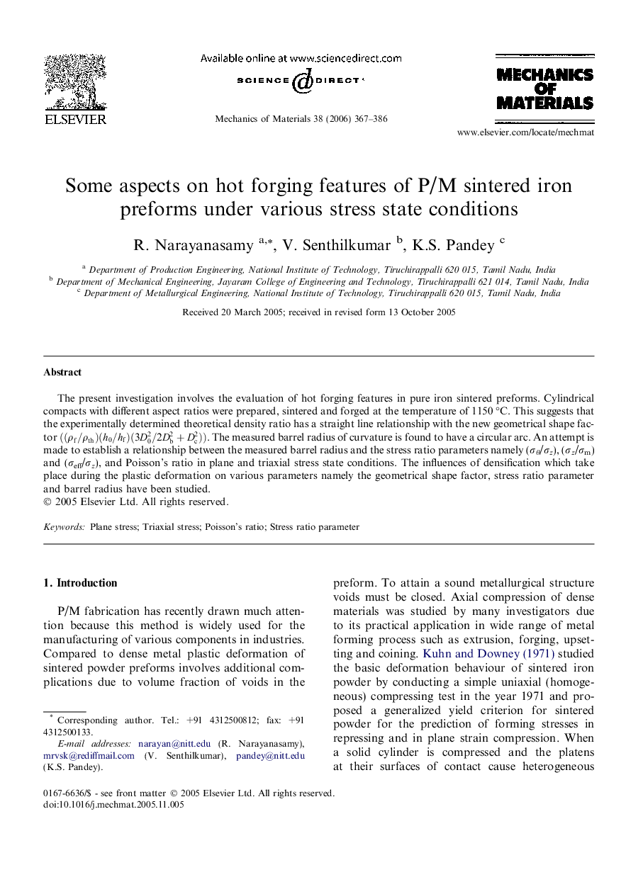 Some aspects on hot forging features of P/M sintered iron preforms under various stress state conditions