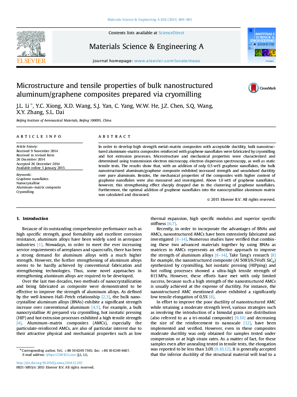 Microstructure and tensile properties of bulk nanostructured aluminum/graphene composites prepared via cryomilling