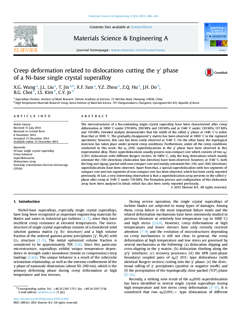 Creep deformation related to dislocations cutting the Î³â² phase of a Ni-base single crystal superalloy