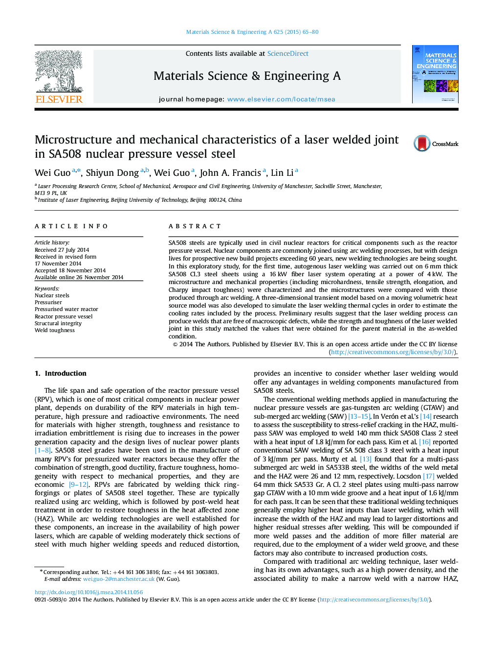 Microstructure and mechanical characteristics of a laser welded joint in SA508 nuclear pressure vessel steel