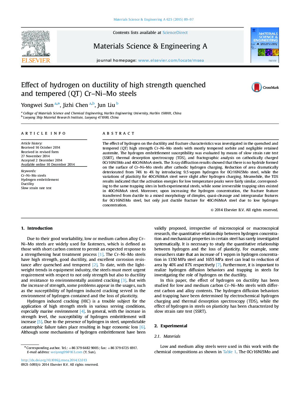 Effect of hydrogen on ductility of high strength quenched and tempered (QT) Cr-Ni-Mo steels