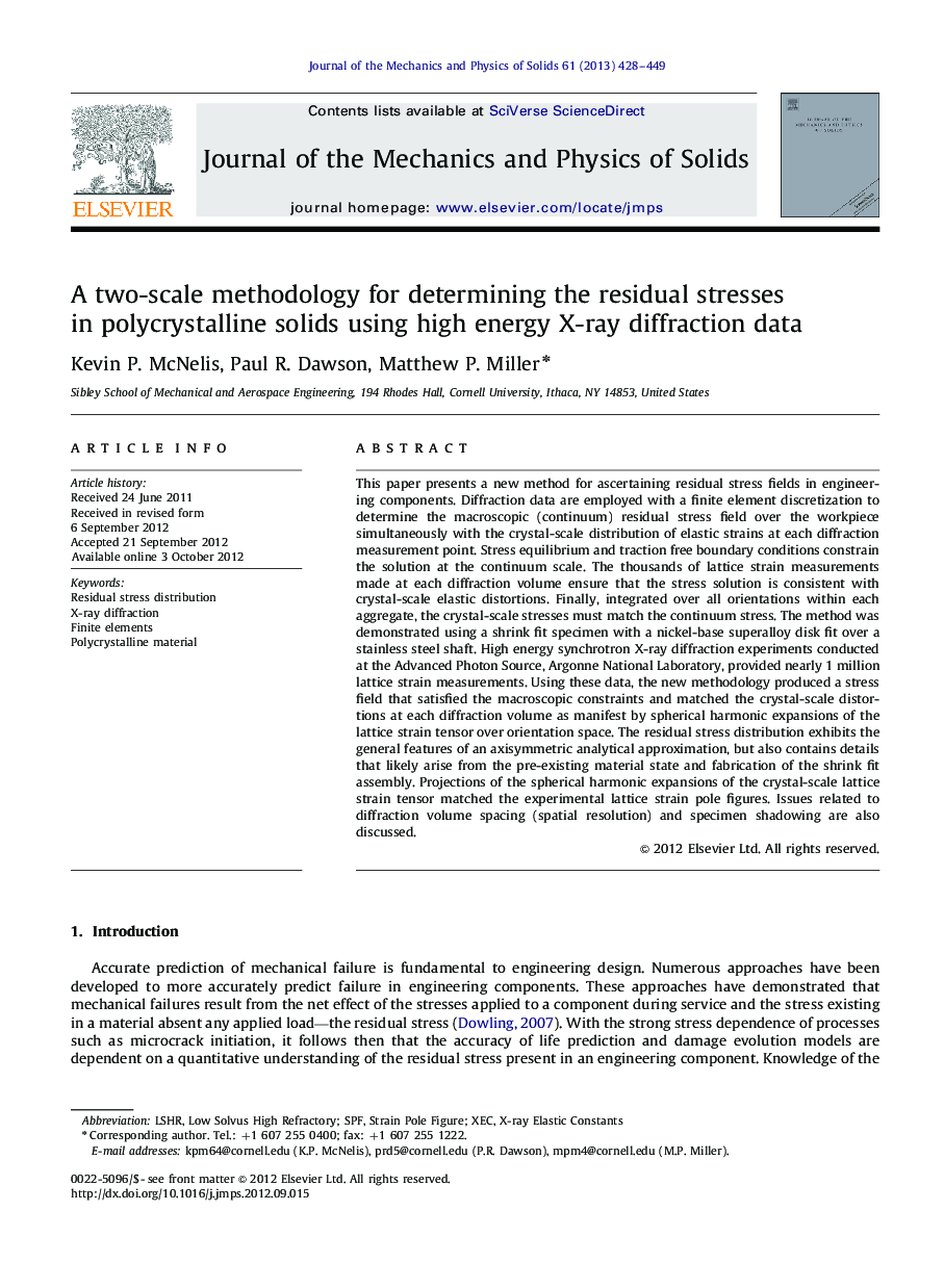 A two-scale methodology for determining the residual stresses in polycrystalline solids using high energy X-ray diffraction data