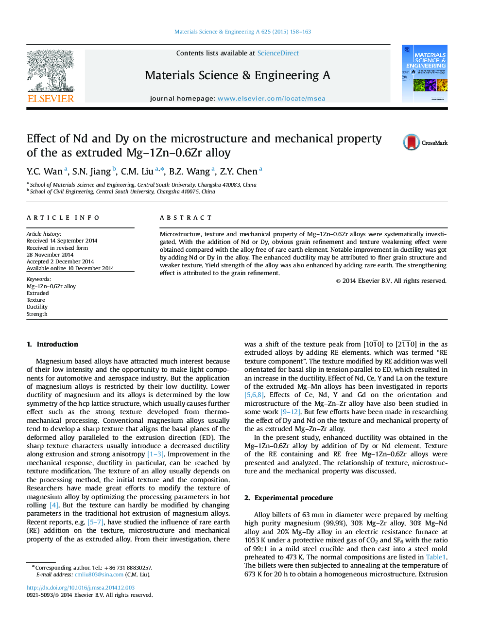 Effect of Nd and Dy on the microstructure and mechanical property of the as extruded Mg-1Zn-0.6Zr alloy