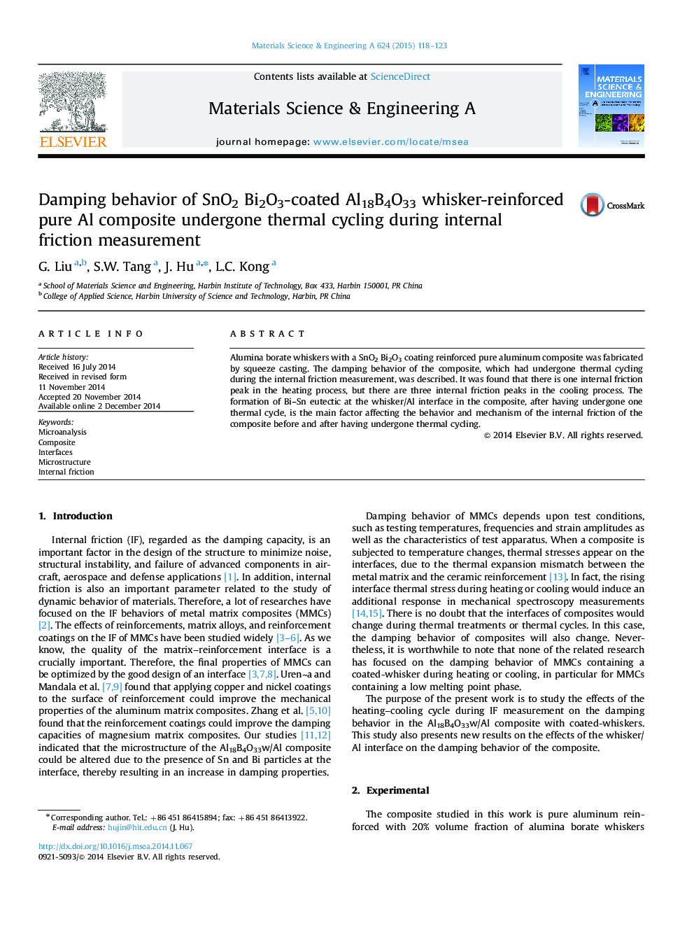 Damping behavior of SnO2 Bi2O3-coated Al18B4O33 whisker-reinforced pure Al composite undergone thermal cycling during internal friction measurement