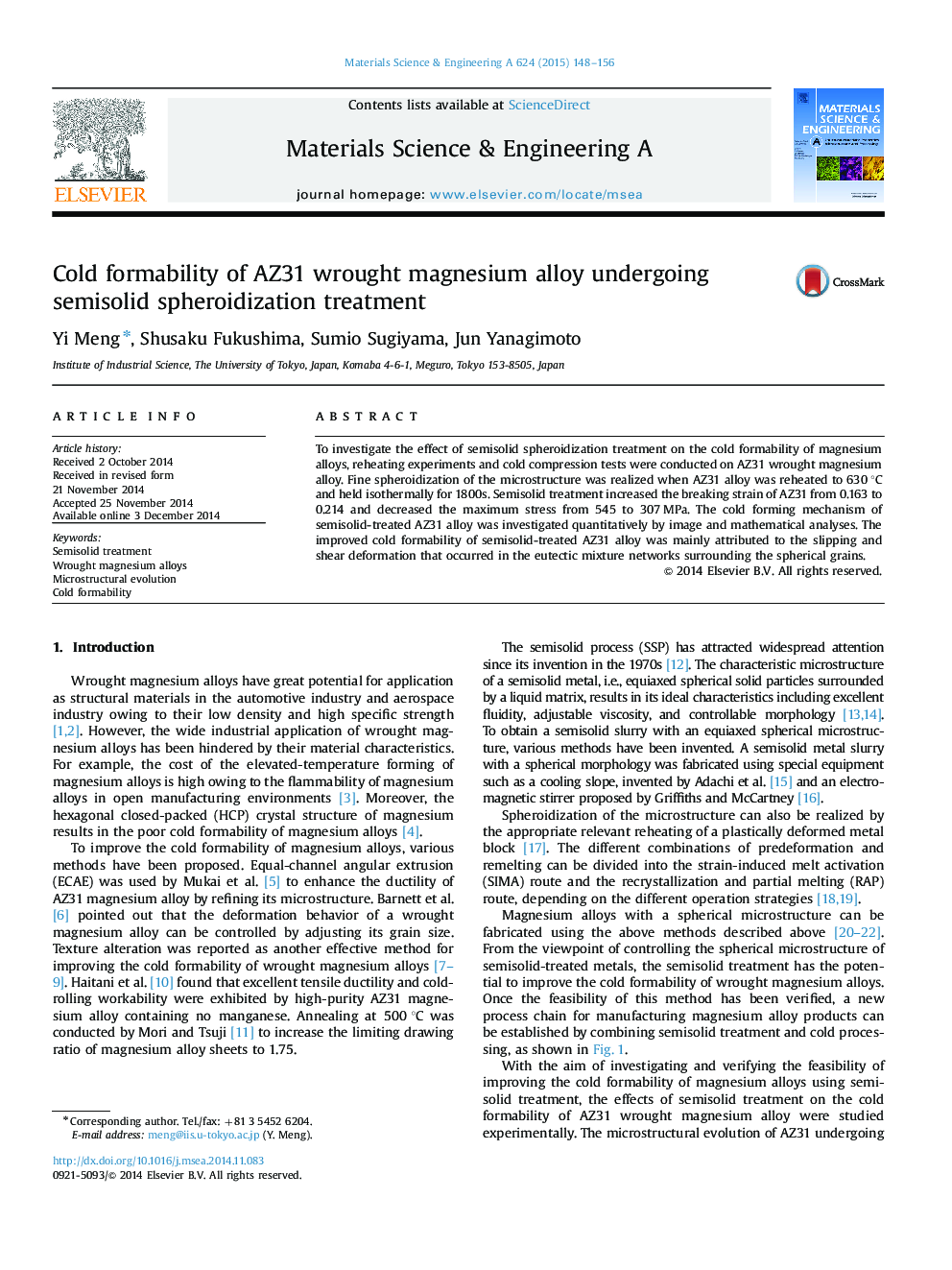 Cold formability of AZ31 wrought magnesium alloy undergoing semisolid spheroidization treatment