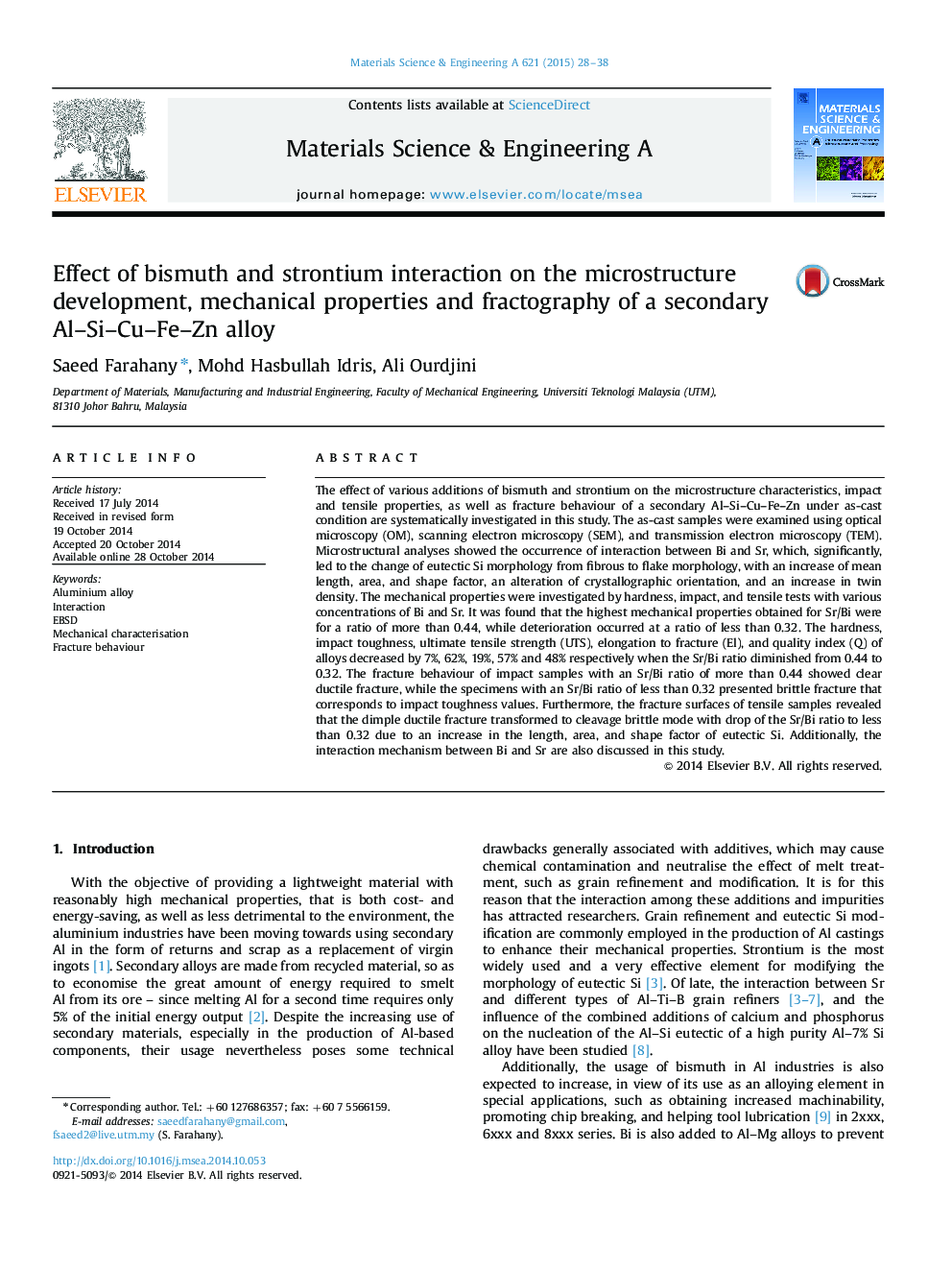 Effect of bismuth and strontium interaction on the microstructure development, mechanical properties and fractography of a secondary Al-Si-Cu-Fe-Zn alloy