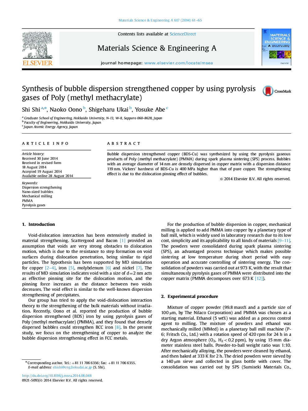 Synthesis of bubble dispersion strengthened copper by using pyrolysis gases of Poly (methyl methacrylate)