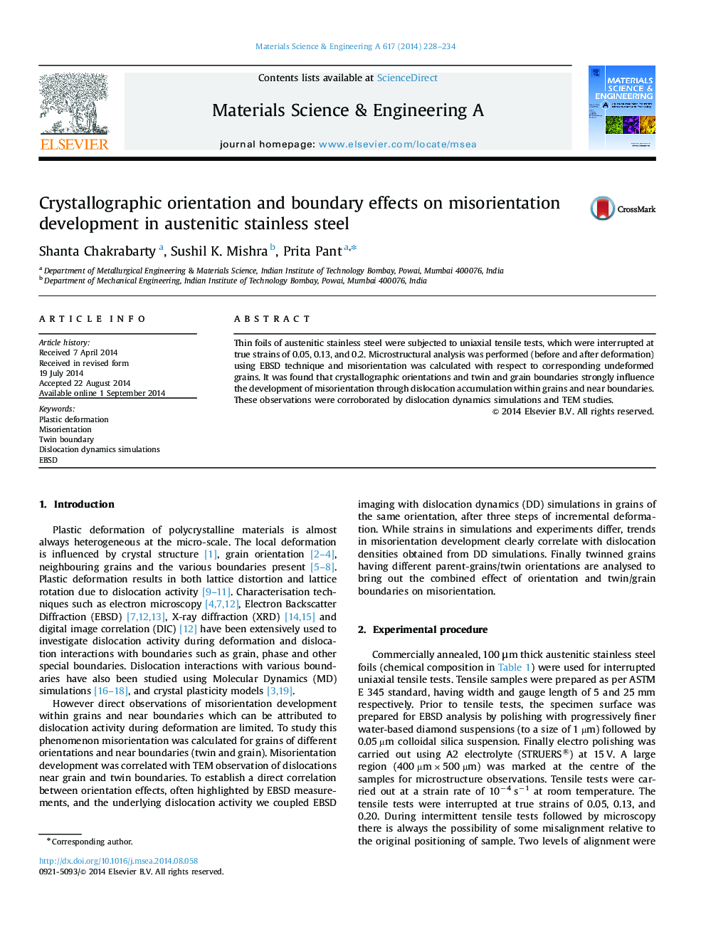 Crystallographic orientation and boundary effects on misorientation development in austenitic stainless steel