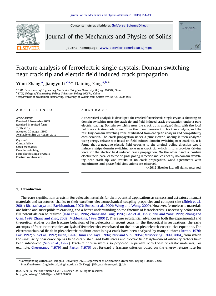 Fracture analysis of ferroelectric single crystals: Domain switching near crack tip and electric field induced crack propagation