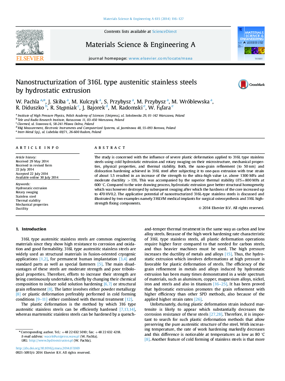 Nanostructurization of 316L type austenitic stainless steels by hydrostatic extrusion