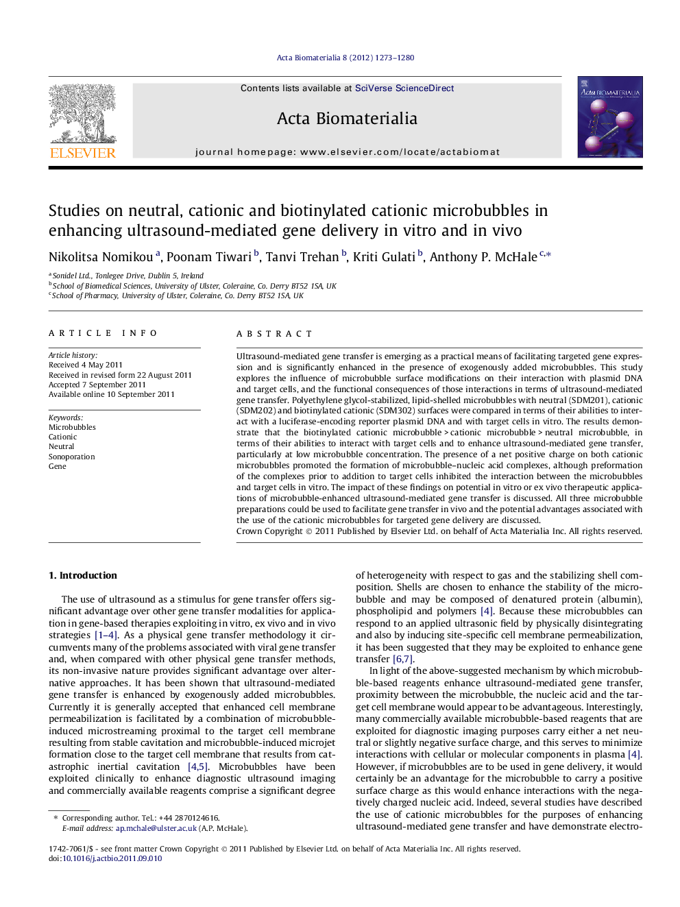 Studies on neutral, cationic and biotinylated cationic microbubbles in enhancing ultrasound-mediated gene delivery in vitro and in vivo