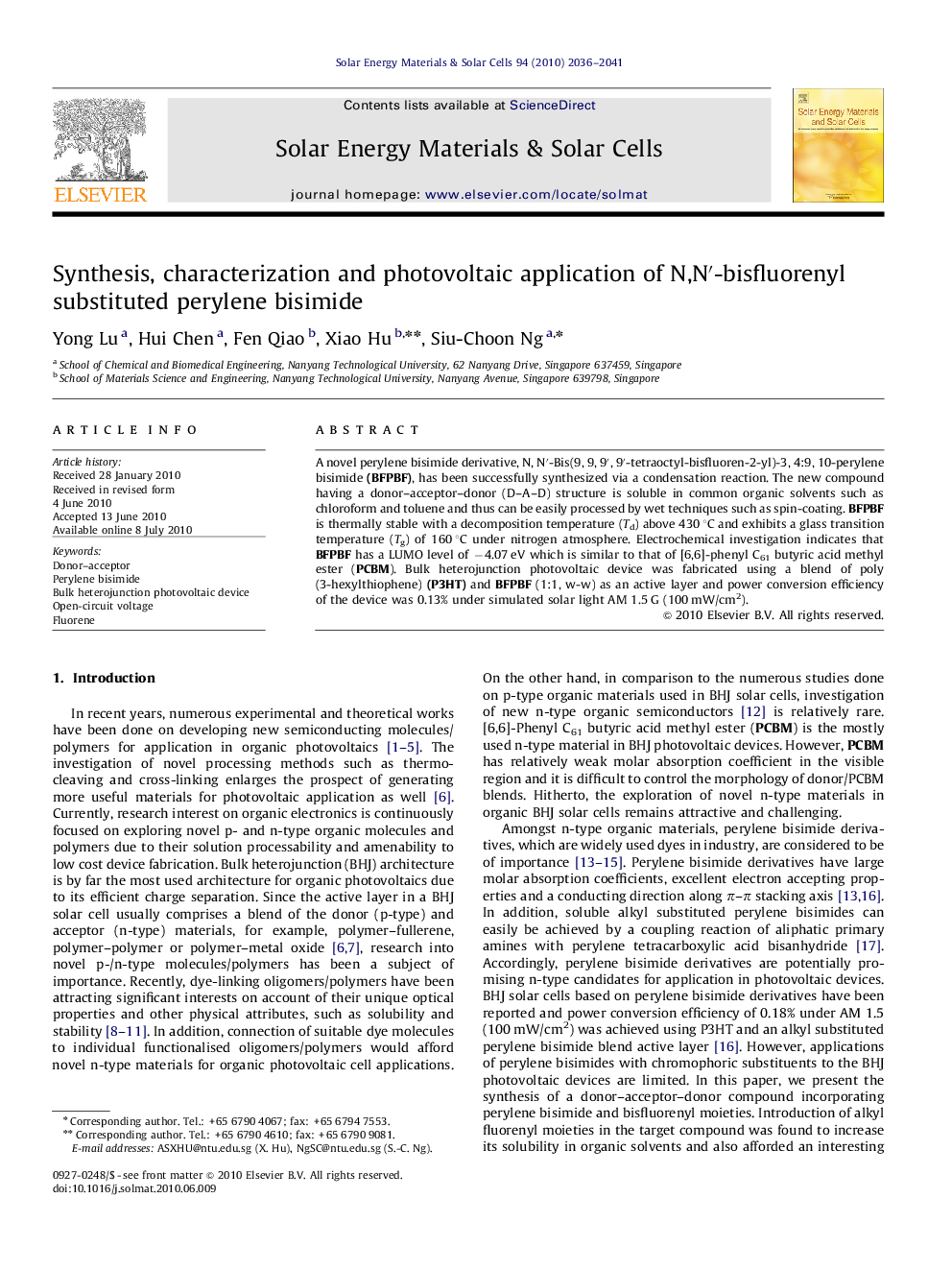 Synthesis, characterization and photovoltaic application of N,N′-bisfluorenyl substituted perylene bisimide