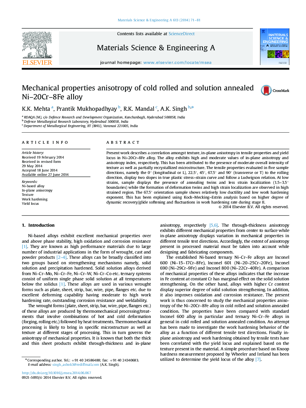 Mechanical properties anisotropy of cold rolled and solution annealed Ni-20Cr-8Fe alloy
