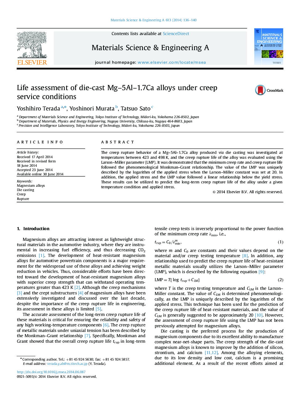 Life assessment of die-cast Mg-5Al-1.7Ca alloys under creep service conditions