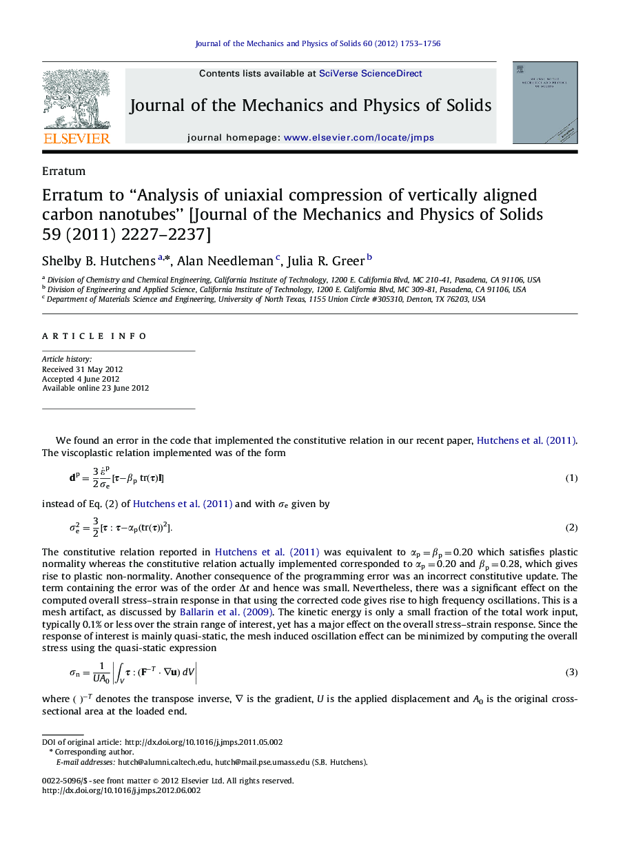 Erratum to “Analysis of uniaxial compression of vertically aligned carbon nanotubes” [Journal of the Mechanics and Physics of Solids 59 (2011) 2227-2237]