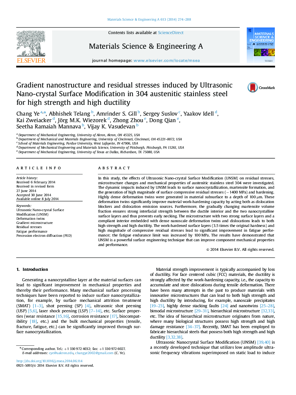 Gradient nanostructure and residual stresses induced by Ultrasonic Nano-crystal Surface Modification in 304 austenitic stainless steel for high strength and high ductility