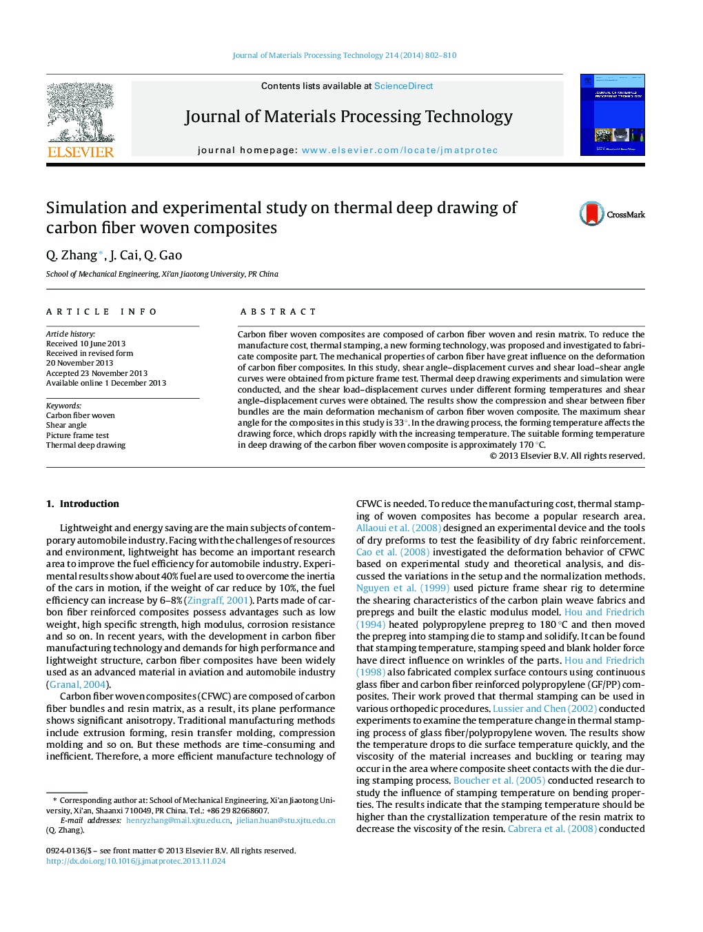 Simulation and experimental study on thermal deep drawing of carbon fiber woven composites