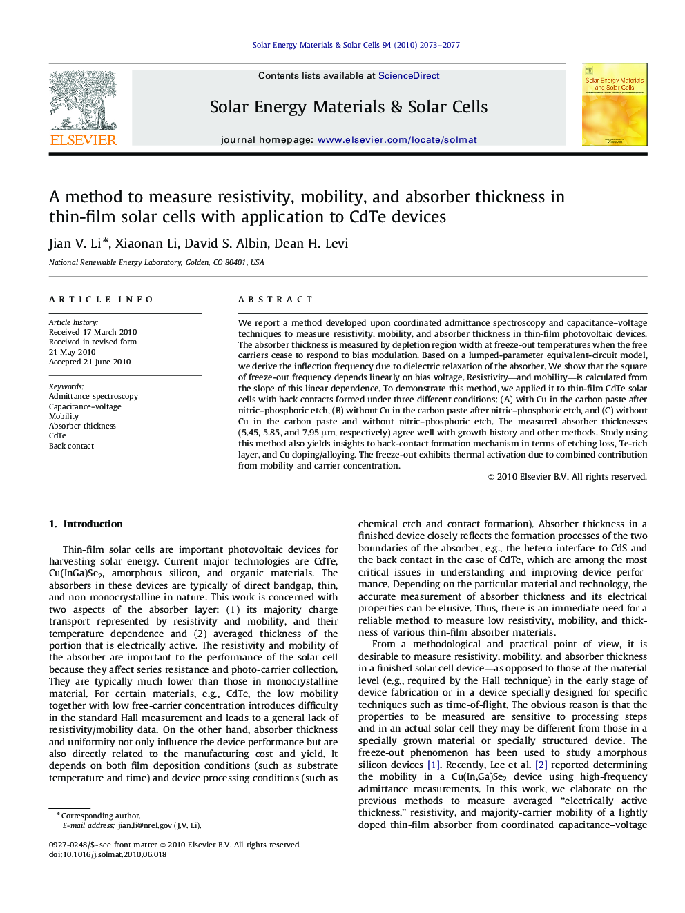 A method to measure resistivity, mobility, and absorber thickness in thin-film solar cells with application to CdTe devices