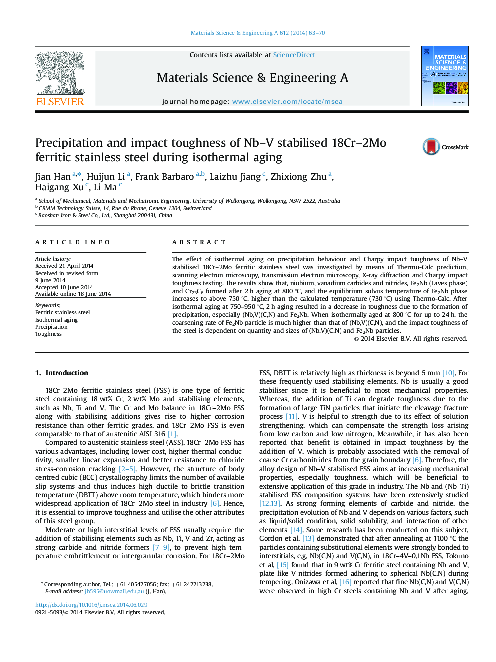 Precipitation and impact toughness of Nb-V stabilised 18Cr-2Mo ferritic stainless steel during isothermal aging