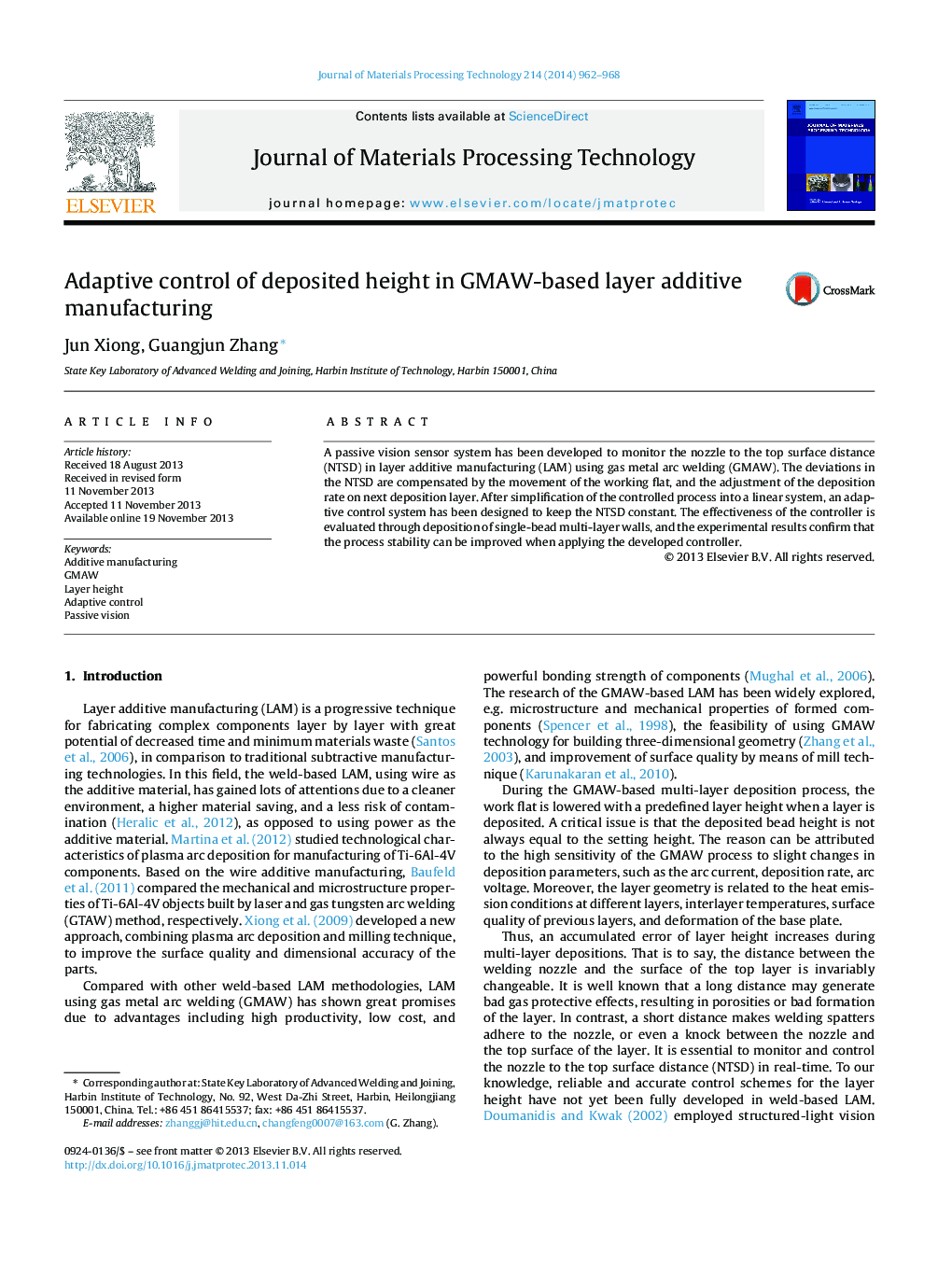 Adaptive control of deposited height in GMAW-based layer additive manufacturing