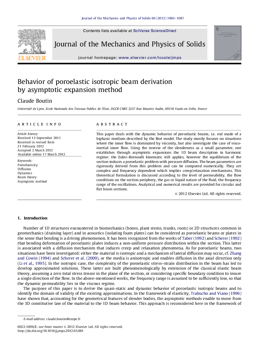 Behavior of poroelastic isotropic beam derivation by asymptotic expansion method