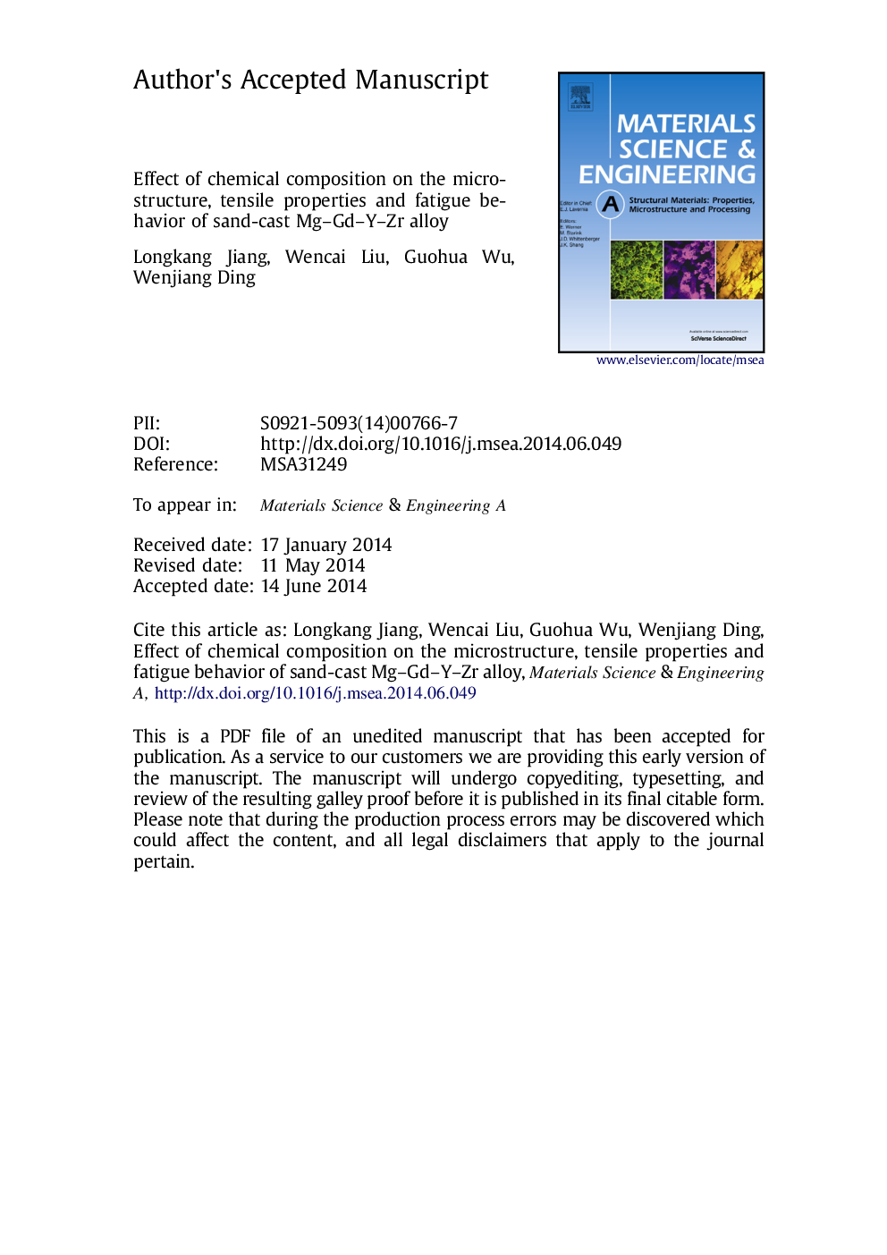 Effect of chemical composition on the microstructure, tensile properties and fatigue behavior of sand-cast Mg-Gd-Y-Zr alloy