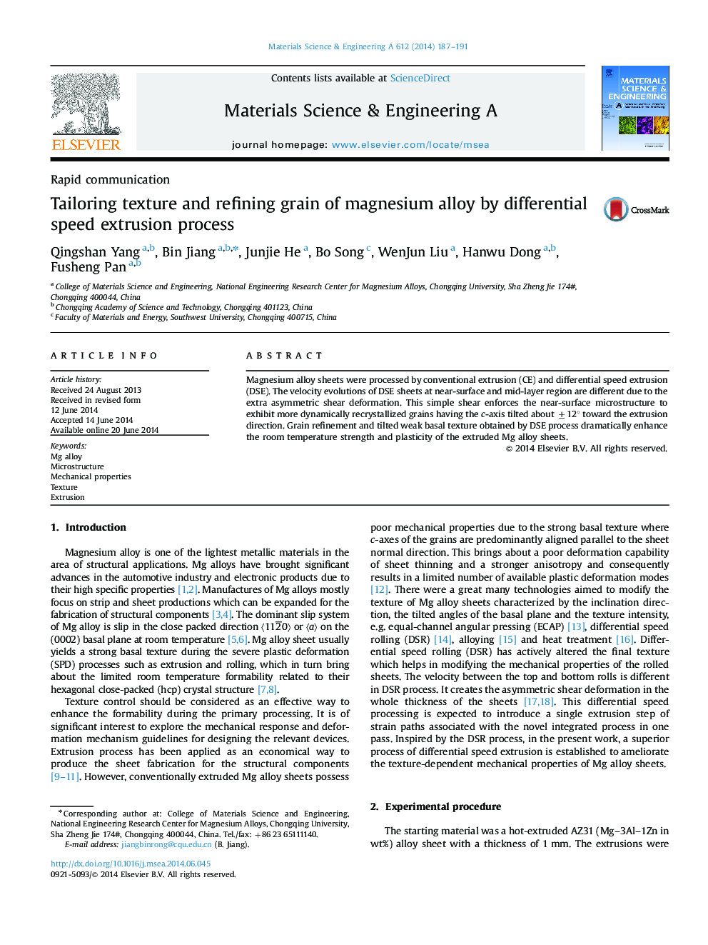 Tailoring texture and refining grain of magnesium alloy by differential speed extrusion process