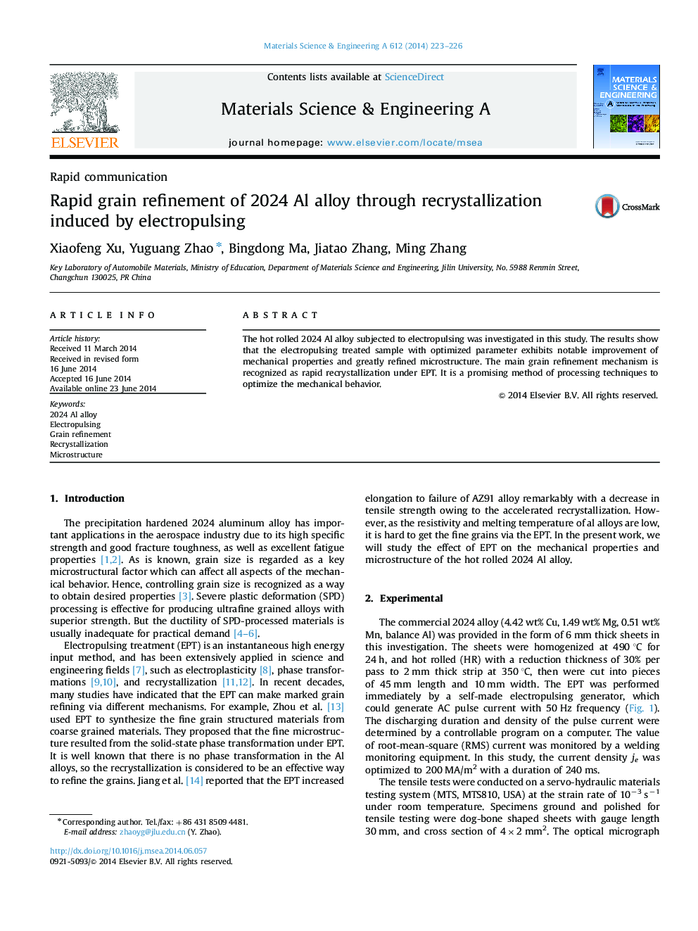 Rapid grain refinement of 2024 Al alloy through recrystallization induced by electropulsing