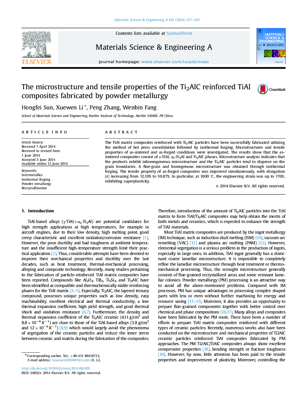 The microstructure and tensile properties of the Ti2AlC reinforced TiAl composites fabricated by powder metallurgy