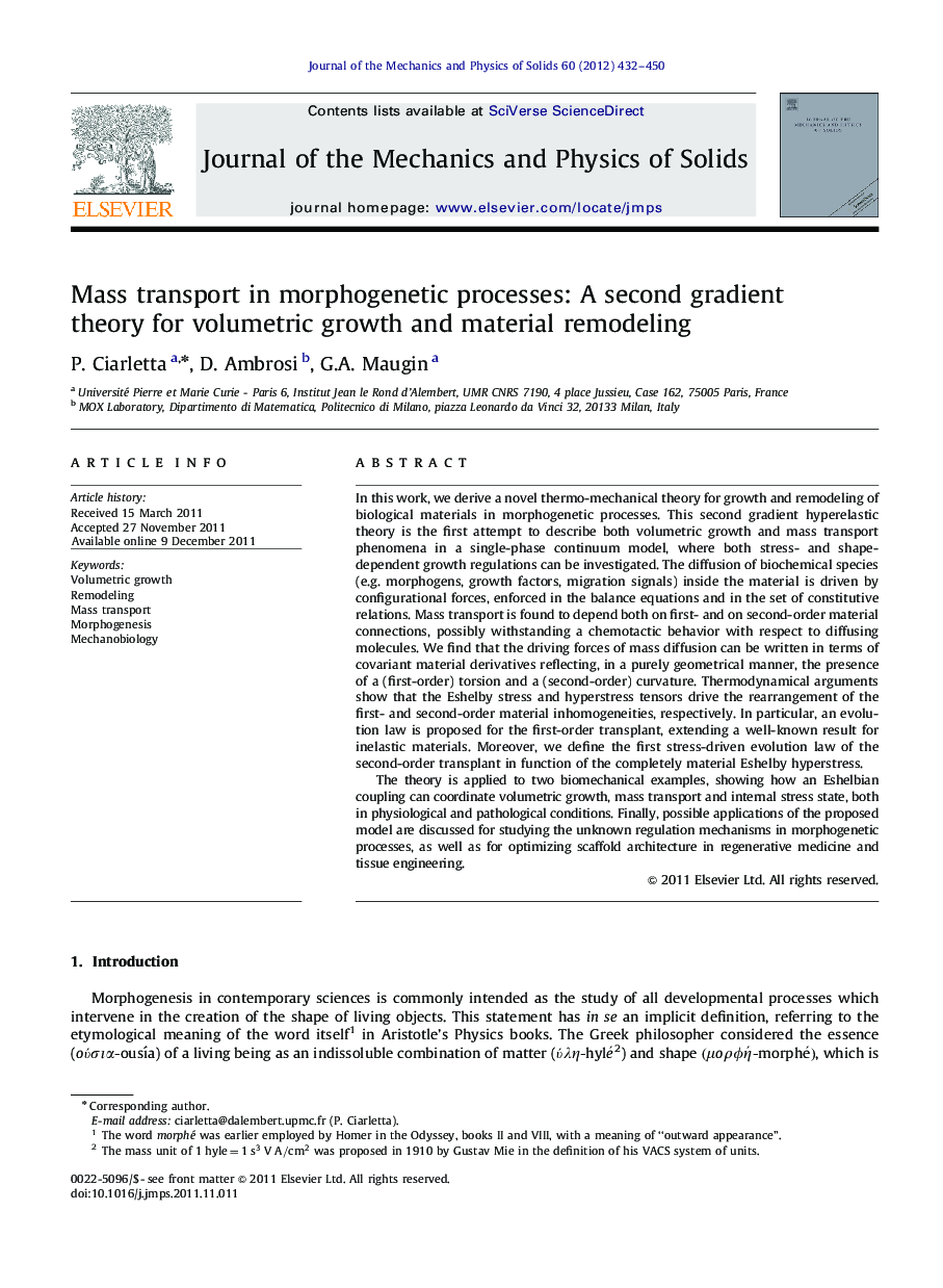 Mass transport in morphogenetic processes: A second gradient theory for volumetric growth and material remodeling