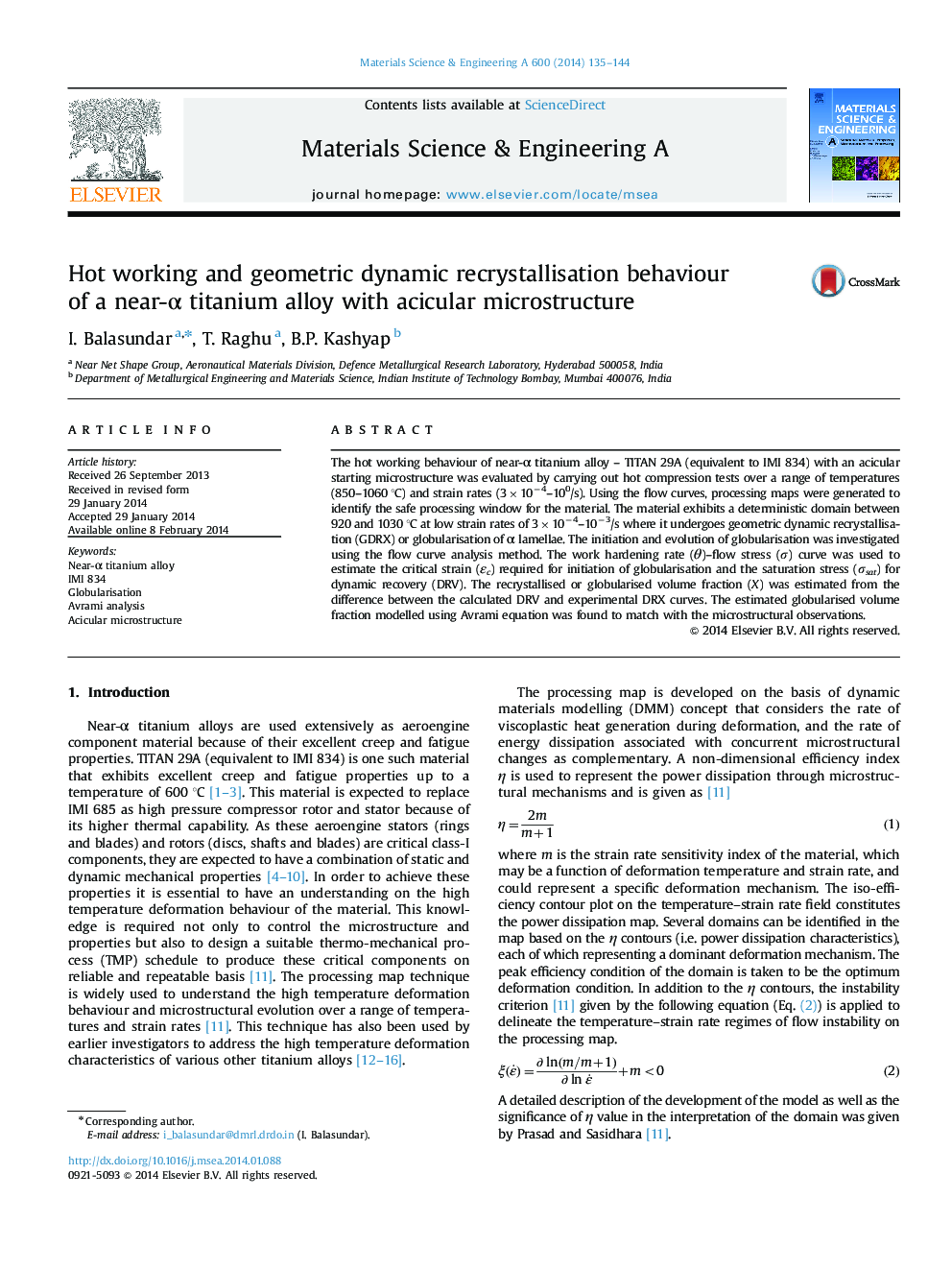 Hot working and geometric dynamic recrystallisation behaviour of a near-Î± titanium alloy with acicular microstructure