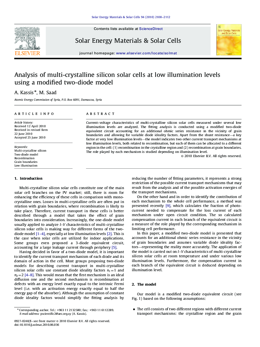 Analysis of multi-crystalline silicon solar cells at low illumination levels using a modified two-diode model