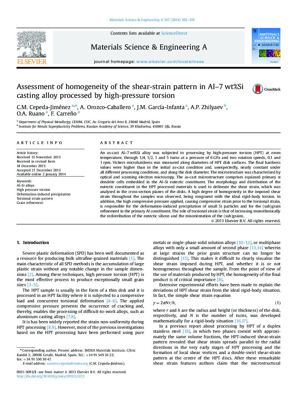 Assessment of homogeneity of the shear-strain pattern in Al-7Â wt%Si casting alloy processed by high-pressure torsion