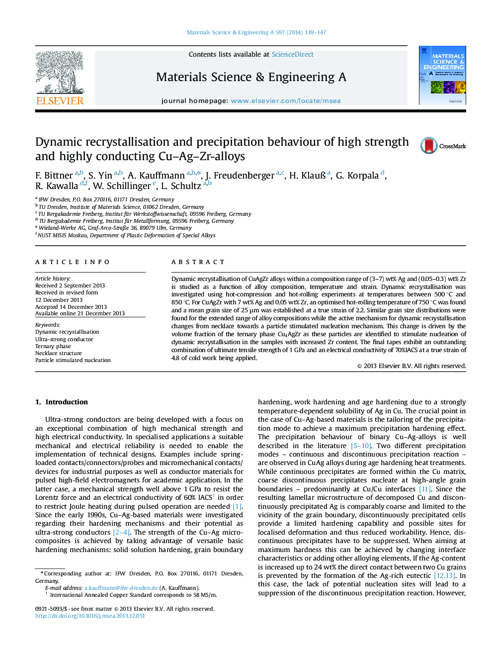 Dynamic recrystallisation and precipitation behaviour of high strength and highly conducting Cu-Ag-Zr-alloys