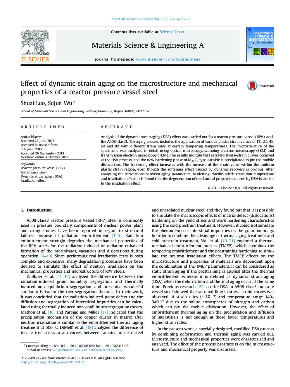 Effect of dynamic strain aging on the microstructure and mechanical properties of a reactor pressure vessel steel