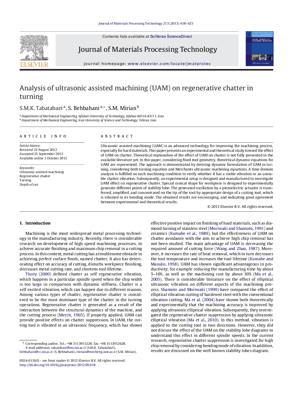 Analysis of ultrasonic assisted machining (UAM) on regenerative chatter in turning