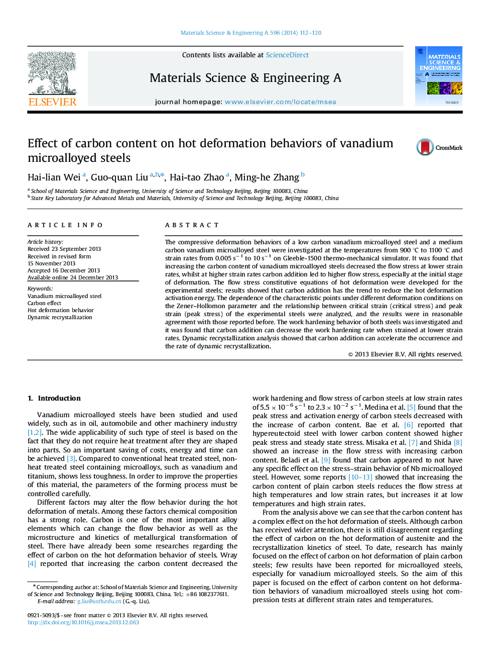 Effect of carbon content on hot deformation behaviors of vanadium microalloyed steels