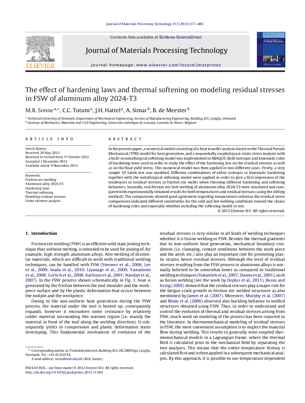 The effect of hardening laws and thermal softening on modeling residual stresses in FSW of aluminum alloy 2024-T3