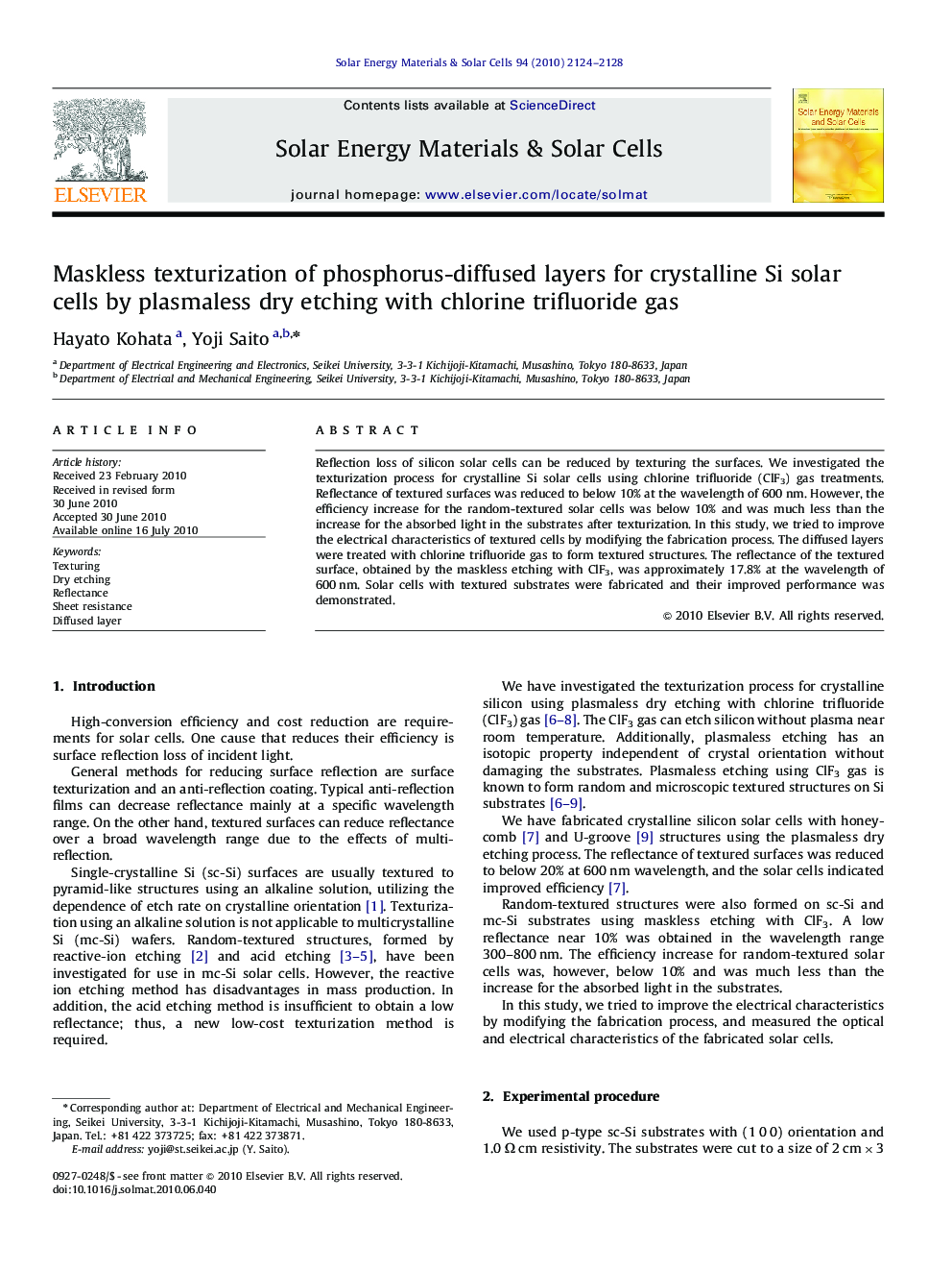 Maskless texturization of phosphorus-diffused layers for crystalline Si solar cells by plasmaless dry etching with chlorine trifluoride gas