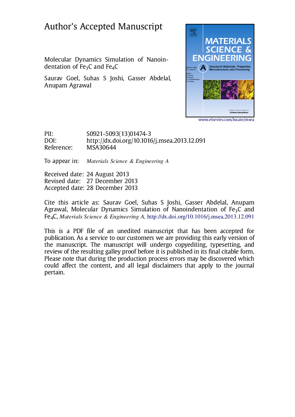 عکس صفحه اول مقاله: Molecular dynamics simulation of nanoindentation of Fe3C and Fe4C Molecular dynamics simulation of nanoindentation of Fe3C and Fe4C
